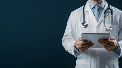 Close-up of a doctor in formal attire, reviewing patient data on a tablet, stethoscope around neck, futuristic medical setting, dark blue backdrop