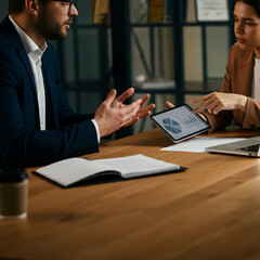Man and Woman at Office Desk Discussing and Presenting a Project