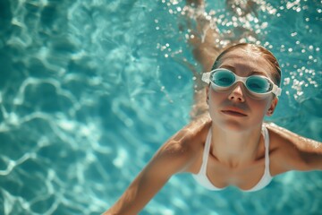 Fototapeta premium Happy calm woman floating. Young girl in bikini swimming in sea, blue aqua. swimming in the sea underwater. summer vacation in the south. vacation and relaxation
