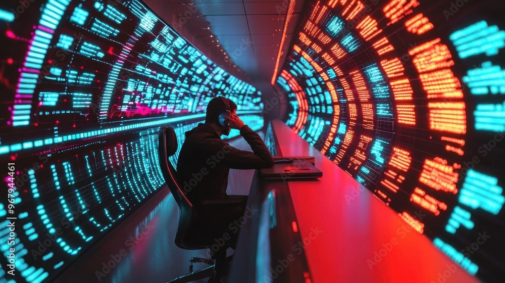 Poster a futuristic workspace with holographic screens showing abstract data points and performance indicat
