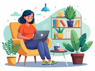 A Young Woman Working on a Laptop in a Stylish Living Room Vector art
