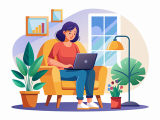 A Young Woman Working on a Laptop in a Stylish Living Room Vector art
