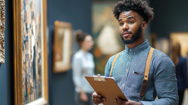 A museum curator holding a clipboard with notes, with a thoughtful and focused look.