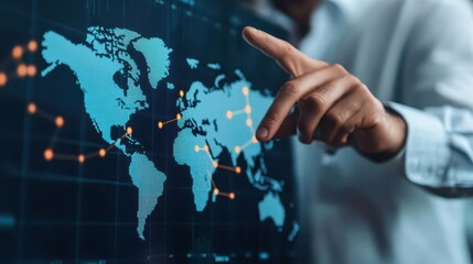 A businessman adjusts a floating graph of international trade flows, manipulating data points with hand gestures
