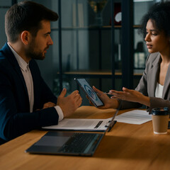 Man and Woman at Office Desk Discussing and Presenting a Project