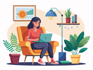 Fototapeta premium A Young Woman Working on a Laptop in a Stylish Living Room Vector art