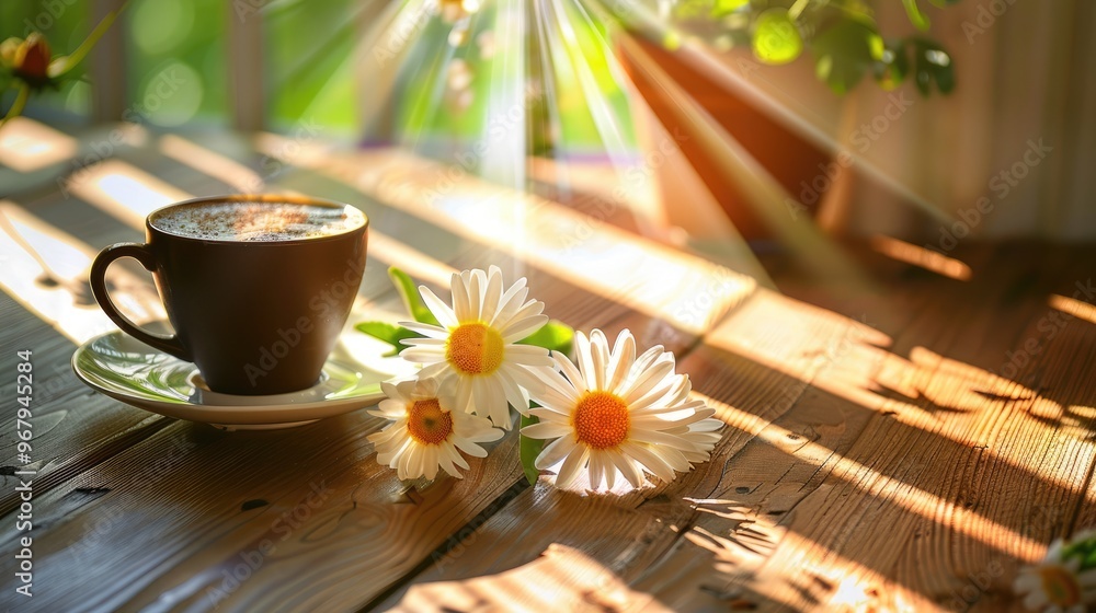 Sticker Coffee and flower on wooden table with sun rays filtering through