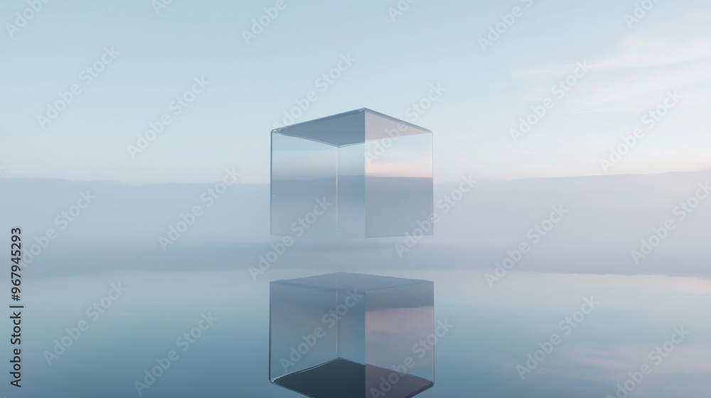 Poster a glass cube floating in a misty atmosphere, with inner layers of light refracting through the trans
