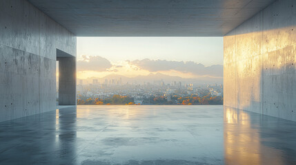 Modern concrete building with a view of a city skyline.
