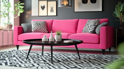 Modern Living Room Design with Pink Sofa and Black and White Geometric Rug