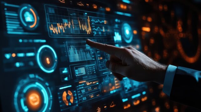 A businessman taps a virtual display of business performance, causing detailed analytics to emerge from the interface
