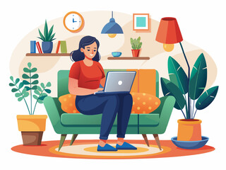 A Young Woman Working on a Laptop in a Stylish Living Room Vector art