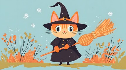 Cute Cat Witch Halloween Costume Illustration