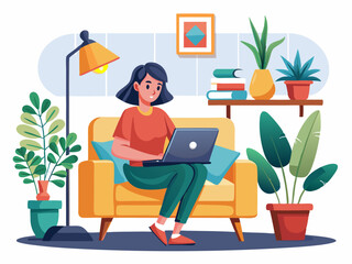 A Young Woman Working on a Laptop in a Stylish Living Room Vector art