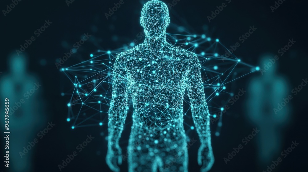 Poster a glowing blueprint of a human figure filled with gears and circuits, surrounded by connected dots r