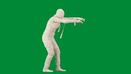 Portrait of person in a mummy bandage on chroma key green screen background. Mummy covered in white...