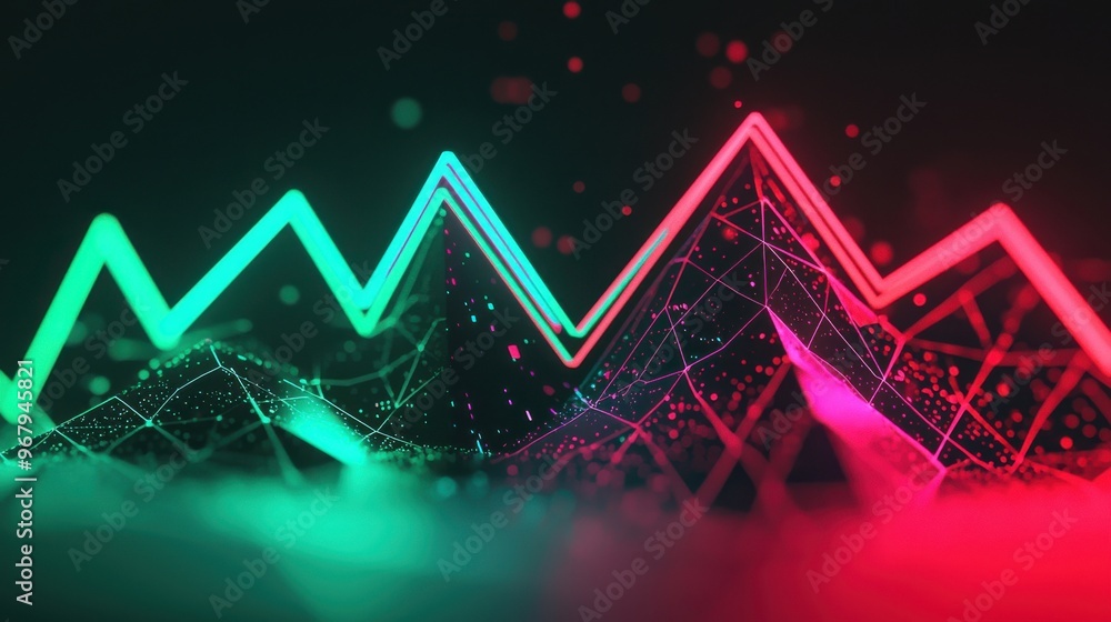 Poster a glowing graph with two diverging lines, one in green and the other in red, cutting through a dark 