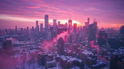 Fototapeta premium Snowy Sunrise over City Skyline for Holiday Greeting Card or Motivational Company Message