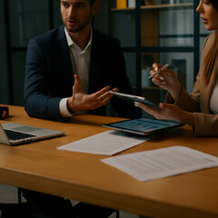 Man and Woman at Office Desk Discussing and Presenting a Project