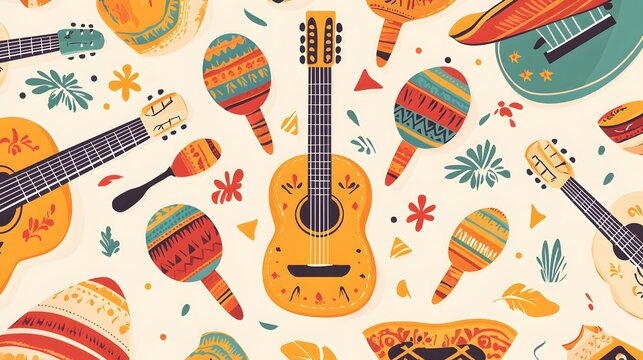 Colorful Mexican Fiesta Pattern with Guitars  Maracas  and Sombreros