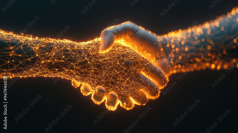 Poster a glowing handshake in the center, with abstract data streams and circuitry spreading outward, the c