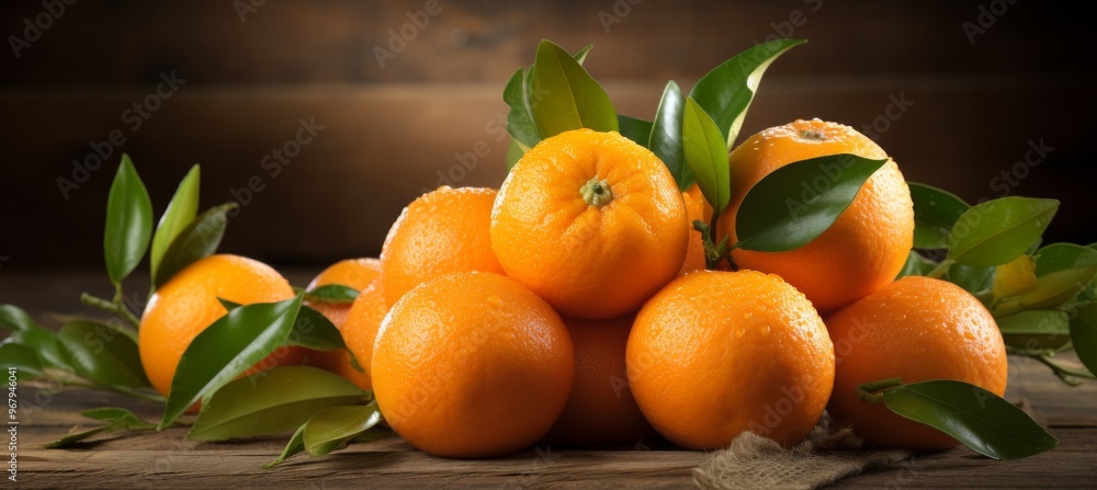 Poster fresh oranges with green leaves arranged on a wooden surface in a rustic setting