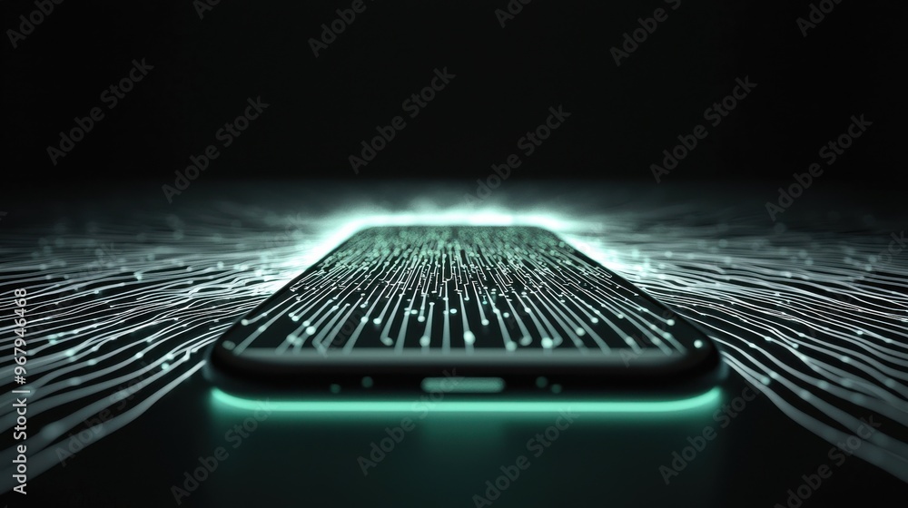 Poster a glowing phone with digital lines and circuits flowing outwards like a network, representing the co