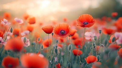 Obraz premium Vibrant Field of Red Poppies in Full Bloom
