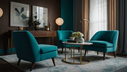 Stylish teal-colored room with mid-century modern chairs and a contemporary lamp.
