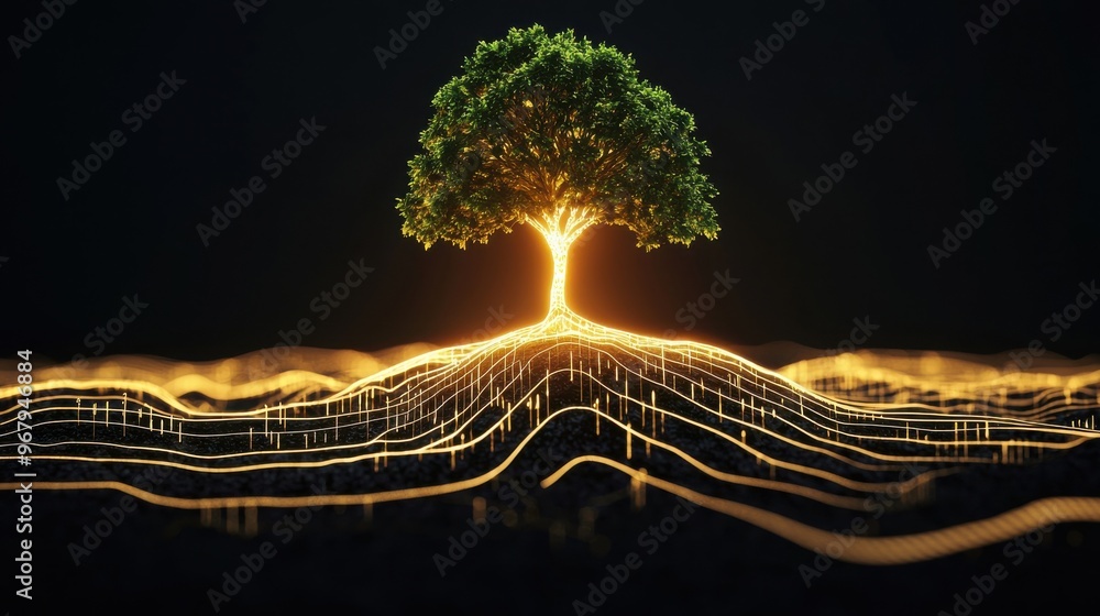 Poster a glowing tree with its roots made of numbers and its branches turning into graphs showing upward tr