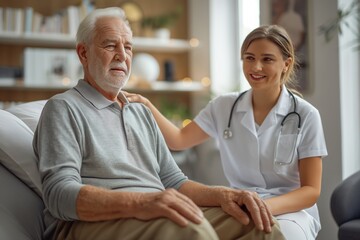 Fototapeta premium Woman, nurse and dumbbell in elderly care for physiotherapy, exercise or workout at old age home. Female doctor, caregiver or personal trainer helping senior patient in weightlifting for healthy body