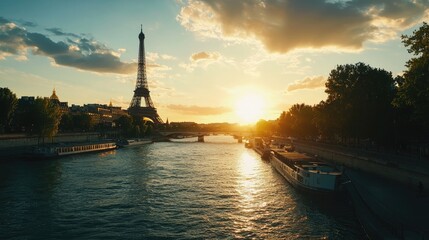 Cinematic landscape photography paris landscape with the Eiffel Tower and the Seine River at sunset