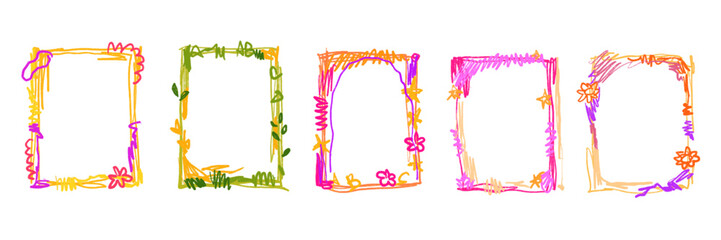 Doodle kids frame set, vector hand drawn scribble border, school album photo decoration crayon line. Cute color pencil blank rectangle simple texture greeting collage card. Kids frame print collection