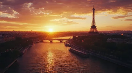 Cinematic landscape photography paris landscape with the Eiffel Tower and the Seine River at sunset