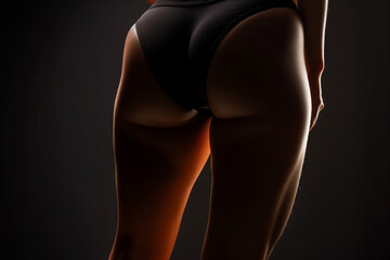 Naklejka premium Close-up of a woman's lower body in black underwear, backlit to highlight curves and muscle definition, emphasizing fitness, sensuality, and body confidence