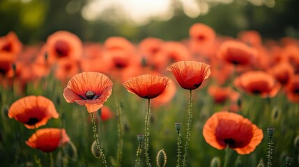 Fototapeta premium Vibrant Field of Red Poppies in Full Bloom