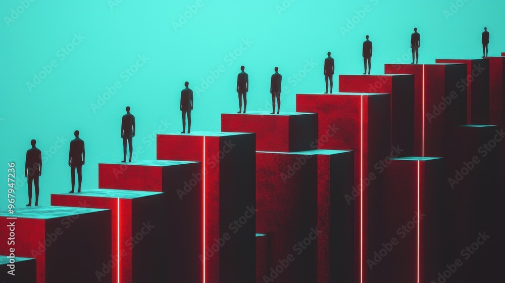 Poster a group of abstract figures standing on different platforms at various heights, but all connected by