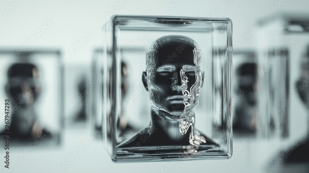 Poster a group of abstract human figures inside individual transparent cubes, unable to connect with each o