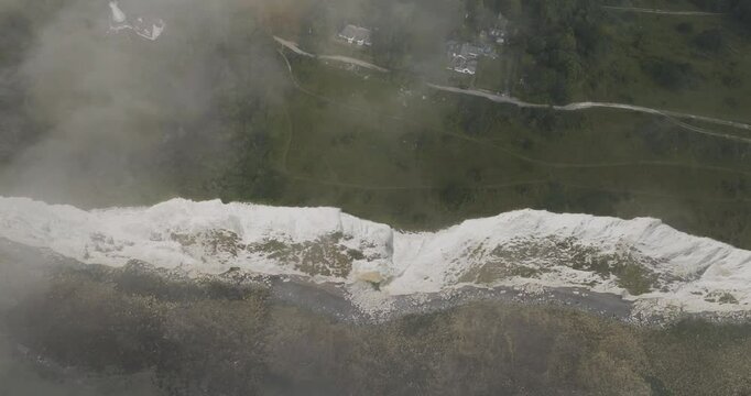 Aerial view of the beautiful white cliffs of Dover along the scenic English Channel, Dover, England.