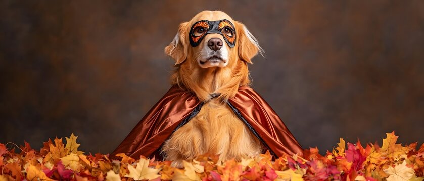 Golden Retriever Superdog in Autumn Leaves for Halloween