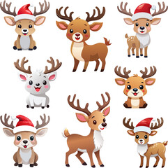 Conjunto de alegres y divertidos renos para navidad con tema infantil y fondo transparente 01