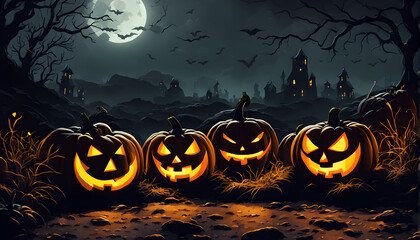 Spooky Halloween Scene with Jack-o'-Lanterns, Haunted Castle, and Full Moon

