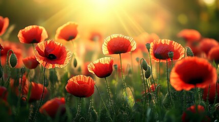 Fototapeta premium Vibrant Field of Red Poppies in Full Bloom