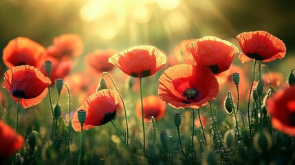 Fototapeta premium Vibrant Field of Red Poppies in Full Bloom