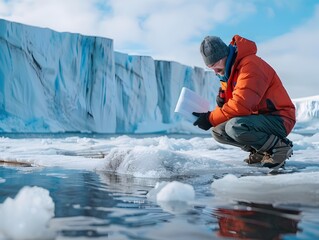 Climate scientist conducting field research analyzing ice core samples to study historical climate data and trends