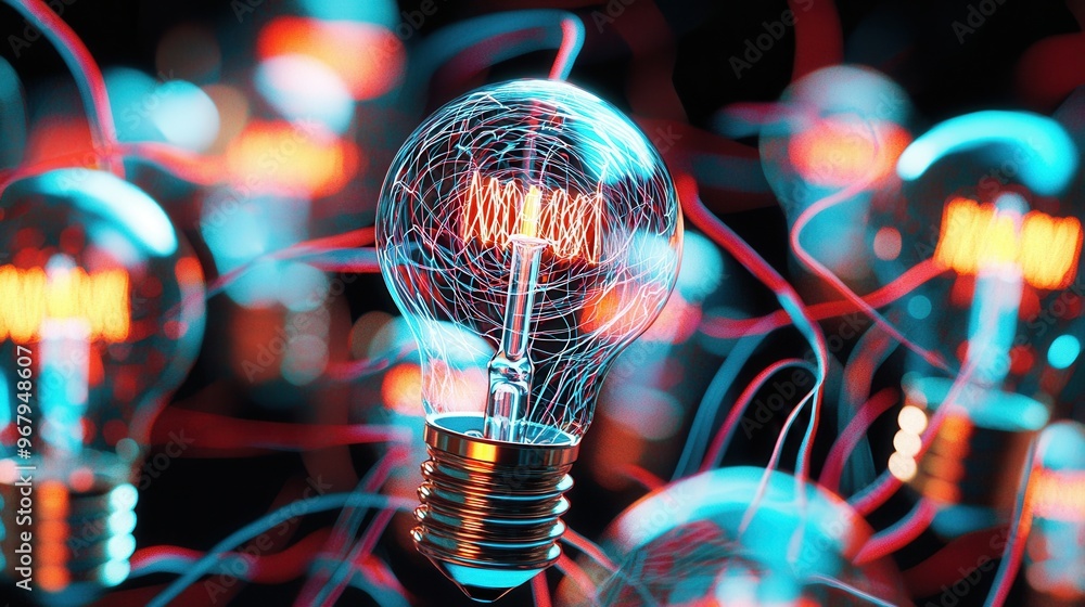 Poster a group of light bulbs floating in the air, each one emitting a different pattern of lines and color