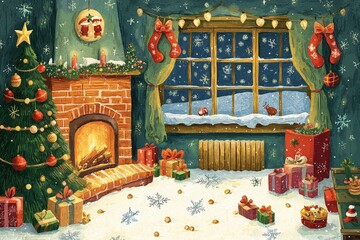 Whimsical Christmas Scene: Kids Unwrapping Gifts by the Fireplace