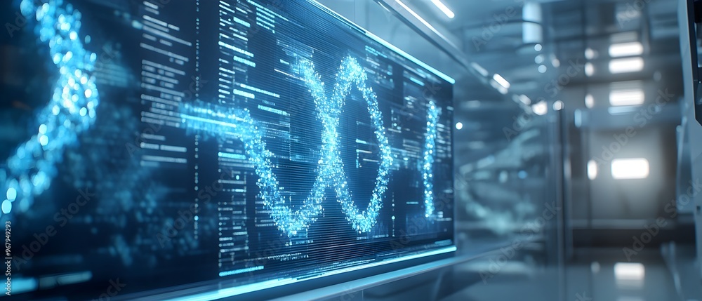 Poster 3d visualization of complex dna molecular structures and genetic data displayed on digital screens i