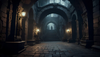 Fototapeta premium Castle dungeon, gothic setting with candles, dark and creepy background, setting, fantasy game, dark and creepy