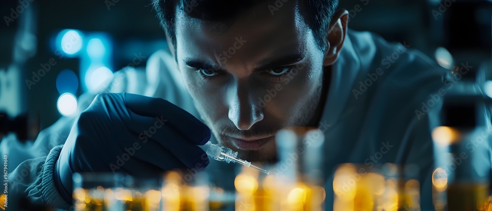 Poster close up shot of a scientist carefully injecting a solution into bioengineered cells using laborator